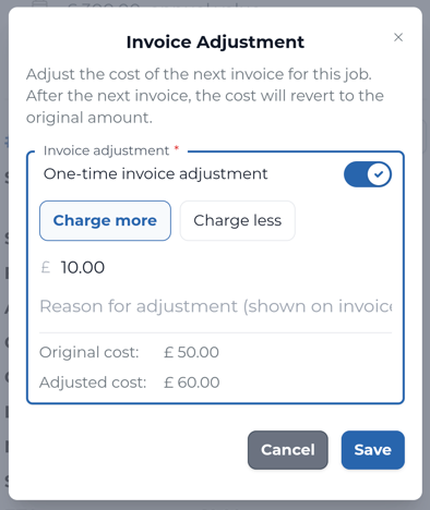 One-time invoice adjustment from the customer page