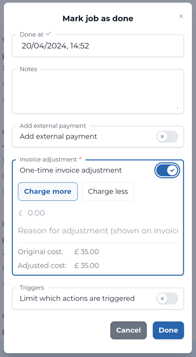 One-time invoice adjustment when marking a job as done