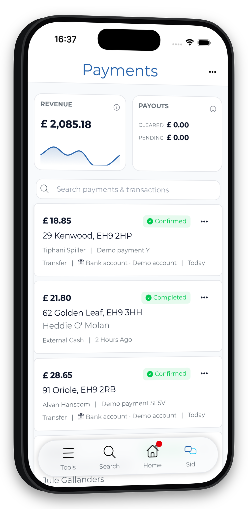 Overview stats on the payments page