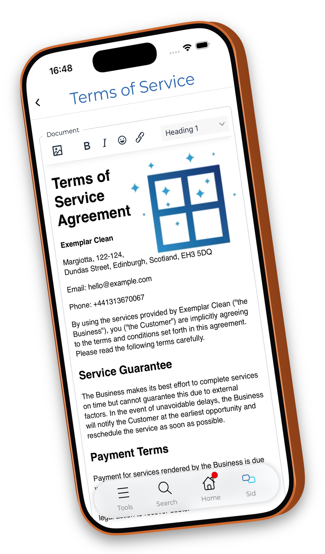 Select your own terms and conditions document for the quote widget