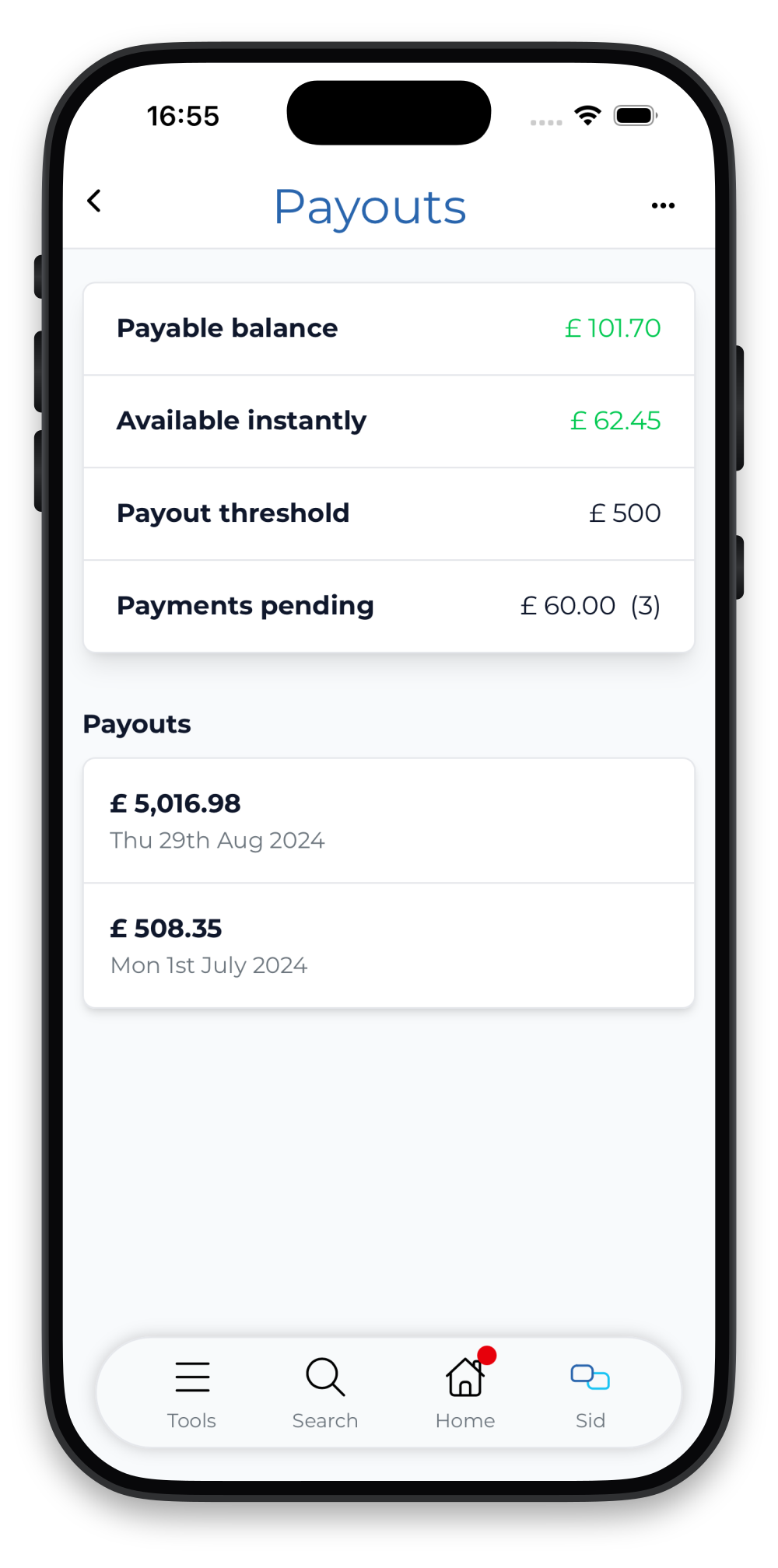 Estimated availability in the payouts page