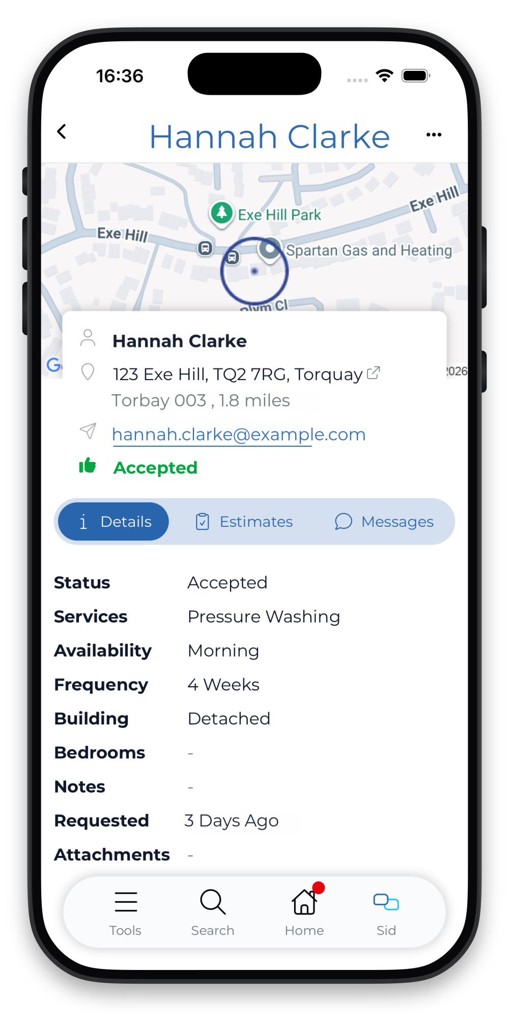 Tap an address to open directions (Customers + Quotes)
