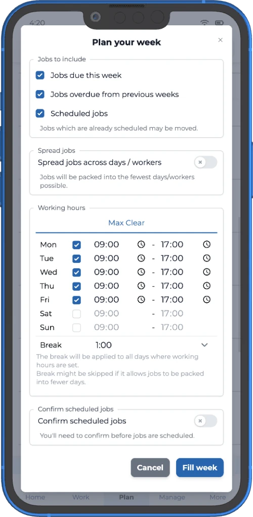 automatic work planning for service area businesses