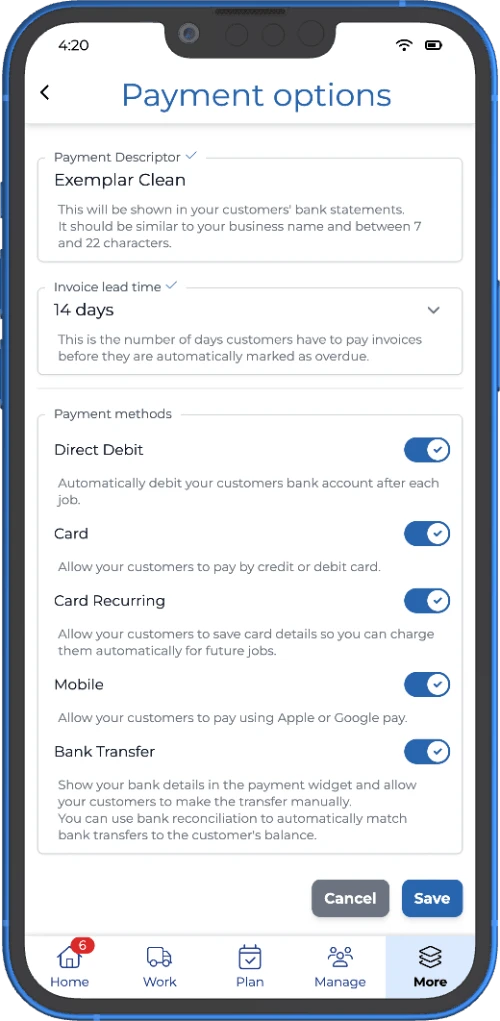 direct debit card payments service area businesses