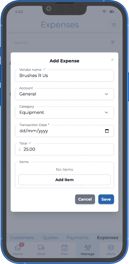 expense tracking add expense service area business